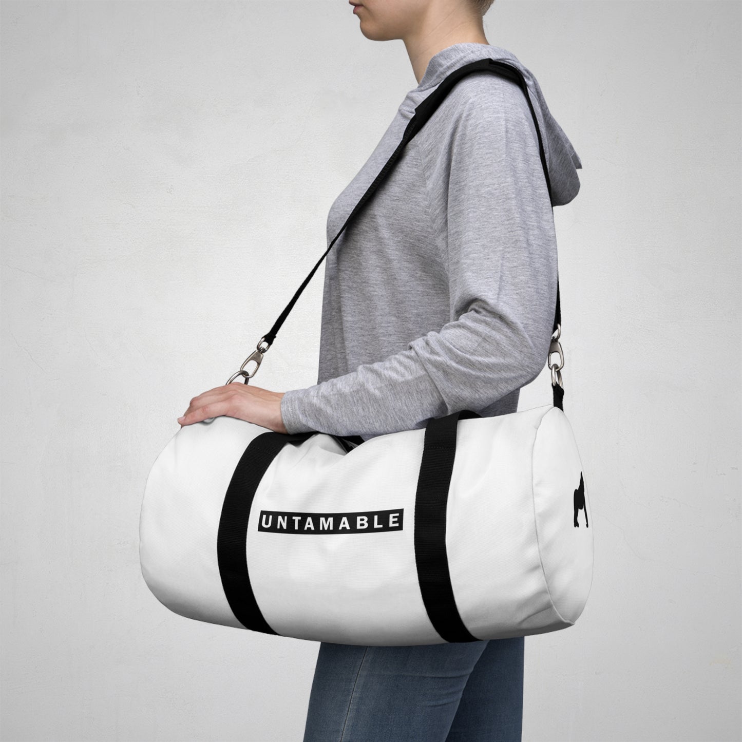 Untamable Duffle Bag White with Black word only Logo